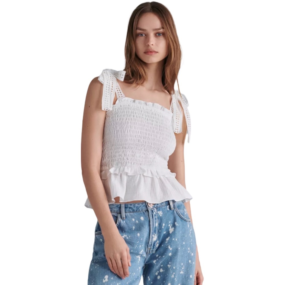 Anthropologie White Smocked Tie-Shoulder Crop Top